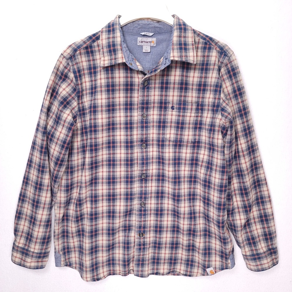 Carhartt Mens Slim Fit Plaid Flannel Shirt Blue Tan Orange 100593 412 Large